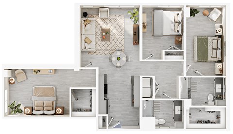 A floor plan of a house with a kitchen, living room, and bathroom.